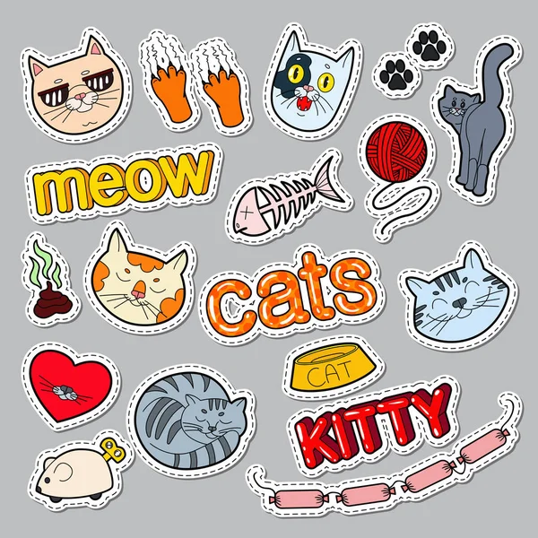 Roliga katter Doodle. Husdjur klistermärken, märken och fläckar med katt och kattunge. Vektorillustration — Stock vektor