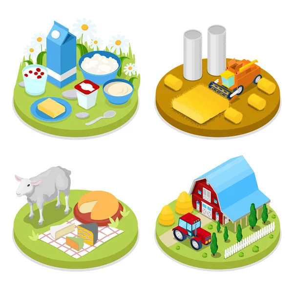 Isometric Ecology Concept. Agriculture Industrie. Aliments naturels sains. Illustration 3D vectorielle plate — Image vectorielle