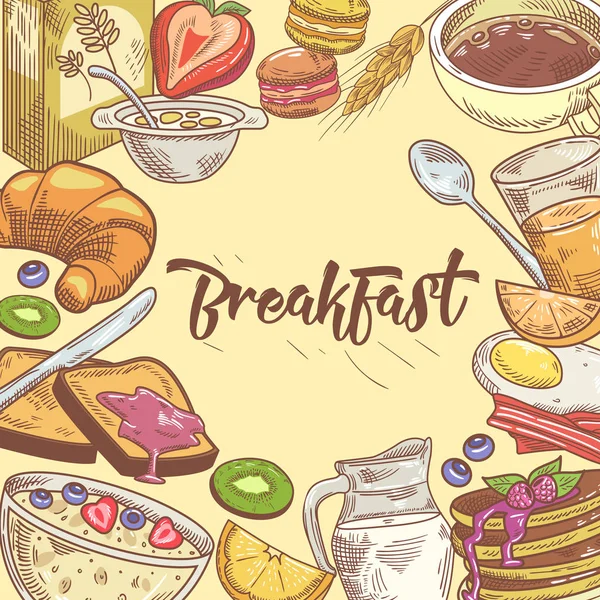 Gesundes Frühstück handgezeichnet Design mit Sandwich, Obst und Bäckerei. Öko-Lebensmittel. Vektorillustration — Stockvektor