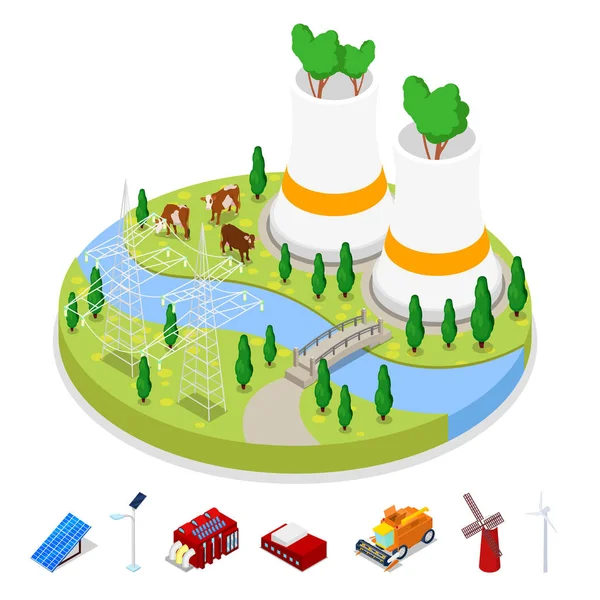 Isometric Ecology Concept. Énergie renouvelable. Agriculture Industrie. Illustration 3D vectorielle plate — Image vectorielle