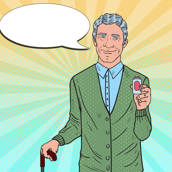 Heureux homme âgé avec des médicaments. Soins de santé. Illustration vectorielle Pop Art — Image vectorielle
