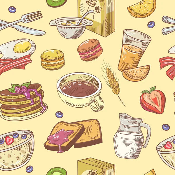 Hand Drawn Breakfast Seamless Pattern with Coffee, Fruits and Toasts. Healthy Food Background. Vector illustration