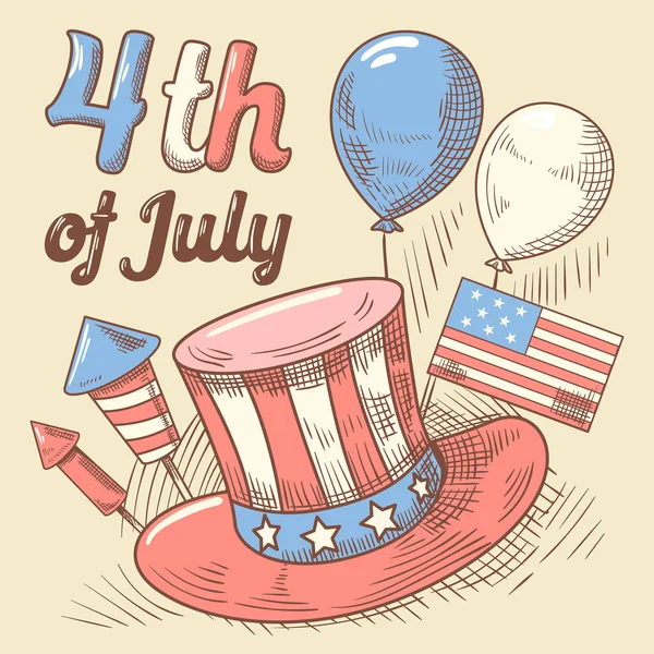 4 de julio Día de la Independencia de los Estados Unidos Diseño dibujado a mano. Fiesta Nacional Americana. Ilustración vectorial — Vector de stock