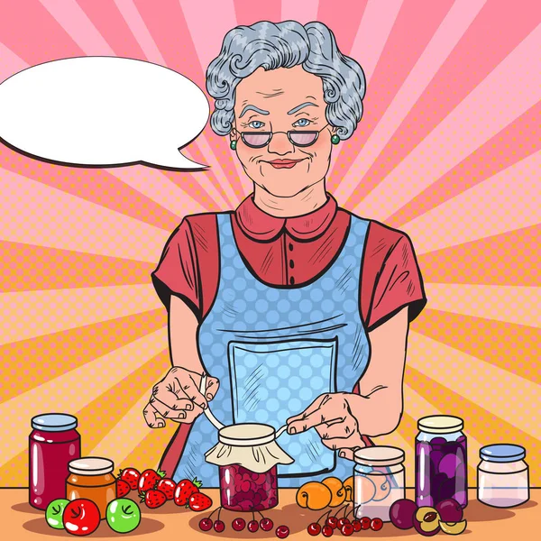 Pop Art Sorrindo Mulher Sênior Fazendo Engarrafamento Caseiro. Alimentação Saudável. Ilustração vetorial —  Vetores de Stock