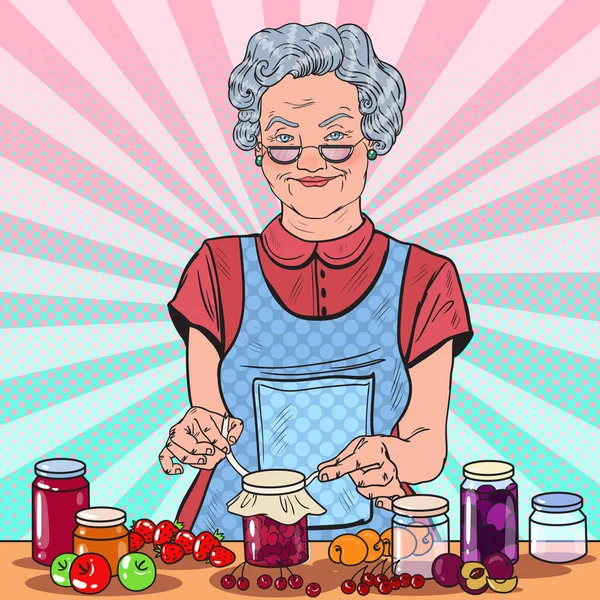 Pop Art Happy Senior Woman Making Homemade Jam. Healthy Eating. Vector illustration — Stock Vector