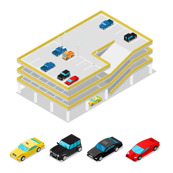 Isometrisches Parken. Stadtverkehr. Parkraum auf mehreren Ebenen. Vektor flache 3D Illustration — Stockvektor