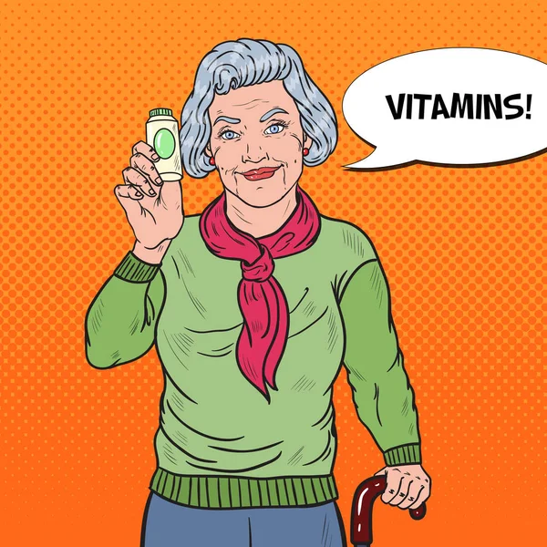 Pop Art Senior Happy Woman with Pills. Cuidado de la salud. Ilustración vectorial — Archivo Imágenes Vectoriales