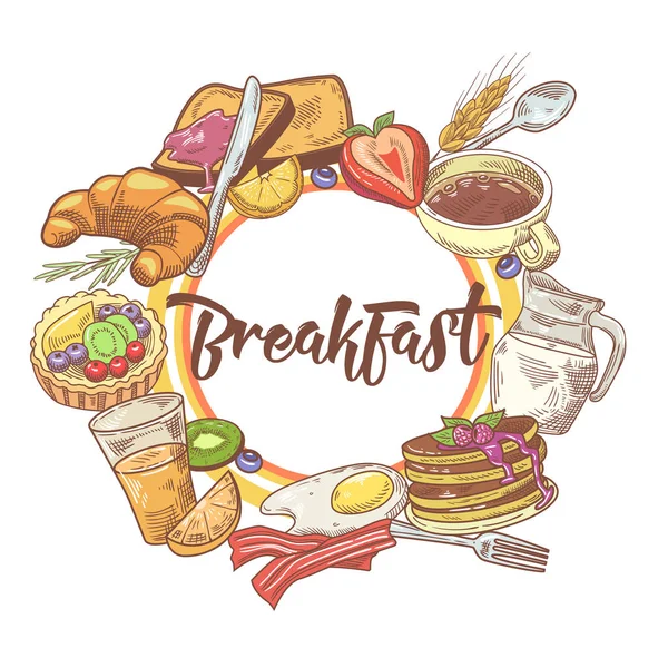 Progettazione disegnata a mano sana colazione con caffè, frutta e forno. Eco Food. Illustrazione vettoriale — Vettoriale Stock