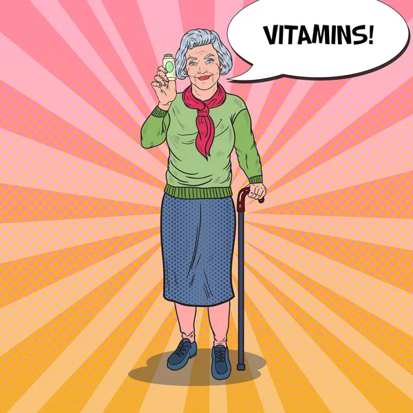 Pop Art Senior glückliche Frau mit Vitaminen. Gesundheitsversorgung. Vektorillustration — Stockvektor