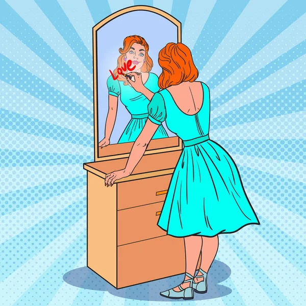 Pop Art Jovem Mulher Bonita com Batom Escrito Amor no Espelho. Maquilhagem e Beleza. Ilustração vetorial —  Vetores de Stock