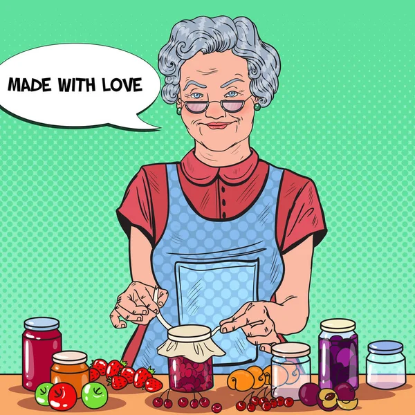 Pop Art Senior Woman Making Home Jam (en inglés). Alimentación Saludable. Ilustración vectorial — Vector de stock