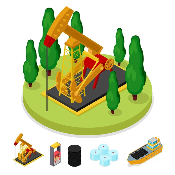 Industria Isométrica de Gas y Petróleo. Plataforma de perforación. Producción de combustible. Vector plano 3d ilustración — Archivo Imágenes Vectoriales