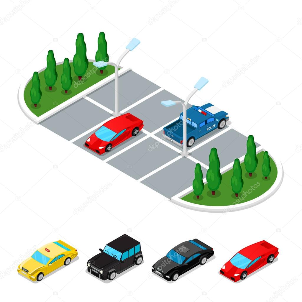 Isometric Car Parking Area. City Transportation. Vector flat 3d illustration