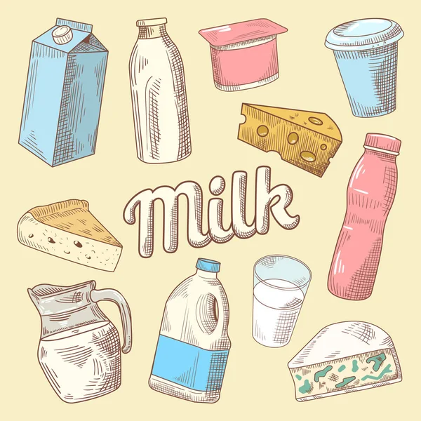 Productos lácteos Doodle dibujado a mano con leche — Vector de stock