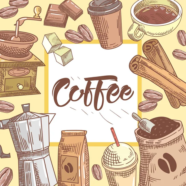 コーヒー カップとコーヒーの手描きの背景 — ストックベクタ