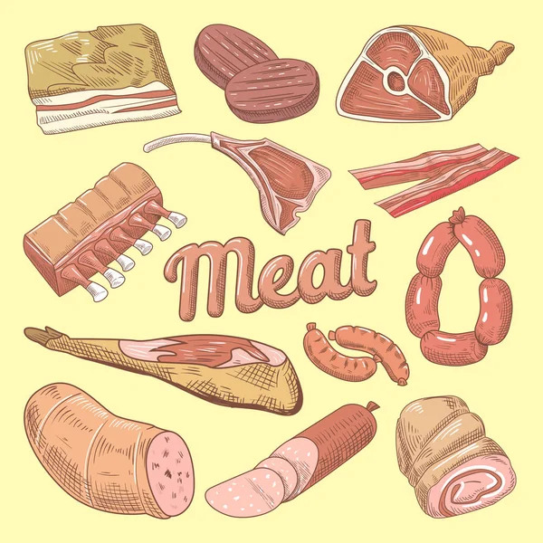 Doodle de carne desenhada à mão com carne de porco, salsichas —  Vetores de Stock