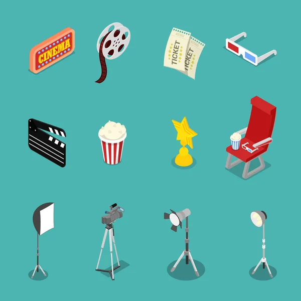 Iconos de cine isométrico con carrete de película, gafas — Vector de stock