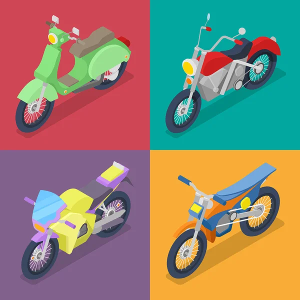 Isometric Motorcycle Set with Motocross — Stock Vector