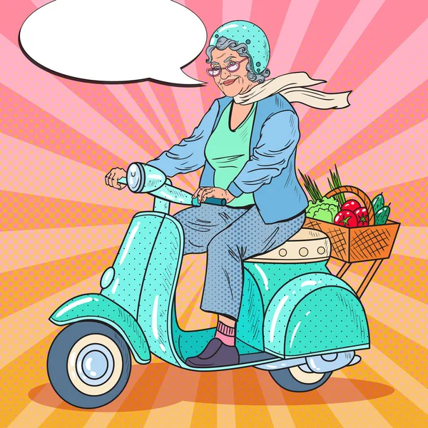 Pop Art Seniorin fährt Roller — Stockvektor