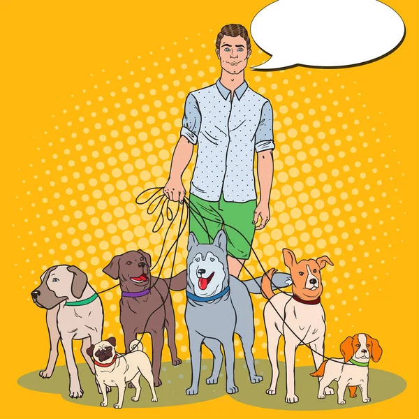 Pop Art Man Paseador de perros — Vector de stock