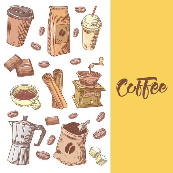 Kaffee handgezeichnetes Doodle mit Kaffeebohnen — Stockvektor