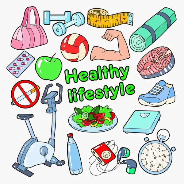 Hälsosam livsstil idrott Doodle med Gym, mat och vitaminer. Vektorillustration — Stock vektor