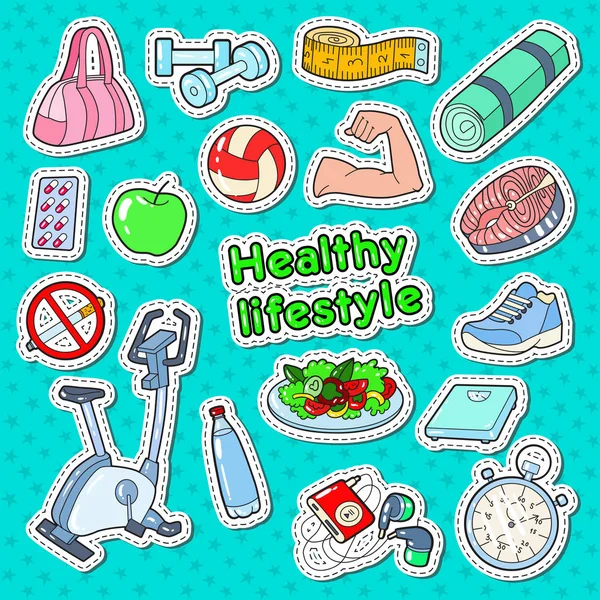 Healthy Lifestyle Sport Doodle with Gym, Food and Vitamins for Prints, Stickers and Badges (dalam bahasa Inggris). Ilustrasi vektor - Stok Vektor