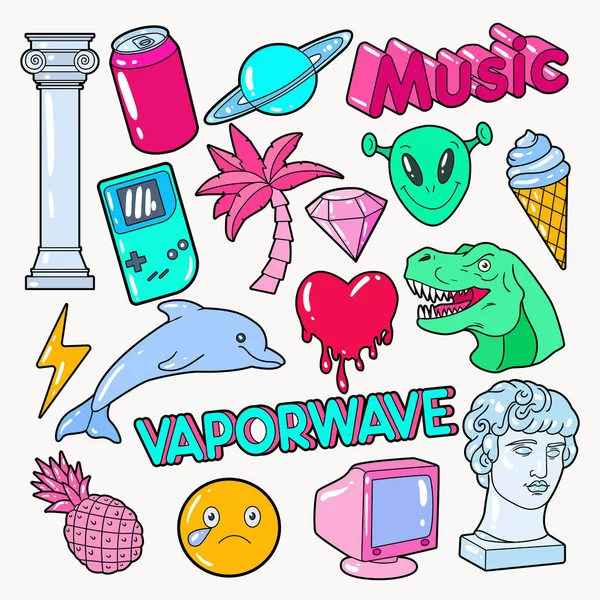 Doodle Vaporwave Teenager Style com Dinossauro, Computador e Sorvete. Ilustração vetorial — Vetor de Stock