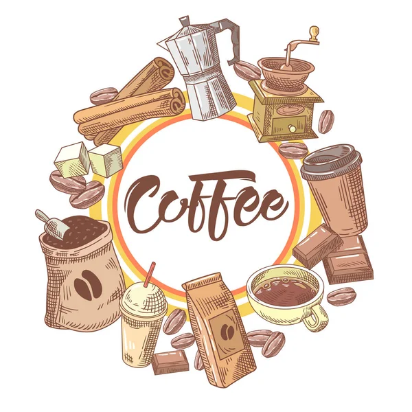 Diseño dibujado a mano de café con granos de café, azúcar y chocolate. Comida y bebida. Ilustración vectorial — Archivo Imágenes Vectoriales