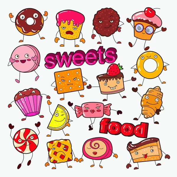 Doodle de personagens doces de comida doce bonito com biscoito, Cupcake e pirulito. Ilustração vetorial —  Vetores de Stock