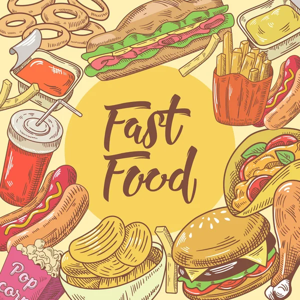 Diseño dibujado a mano de comida rápida con hamburguesa, papas fritas y maíz pop. Comer insalubre. Ilustración vectorial — Vector de stock
