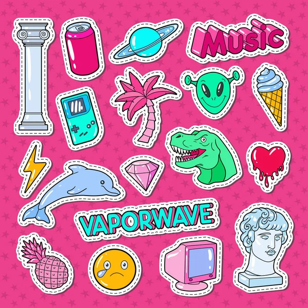 Vaporwave tonåring stil Doodle med dinosaurie, dator och glass för klistermärken, märken och fläckar. Vektorillustration — Stock vektor