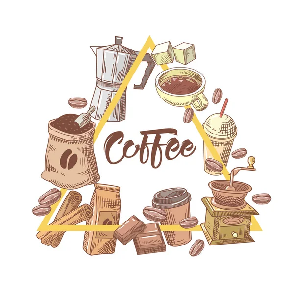 Café Design dessiné à la main avec tasse, sucre et cannelle. Nourriture et boisson. Illustration vectorielle — Image vectorielle