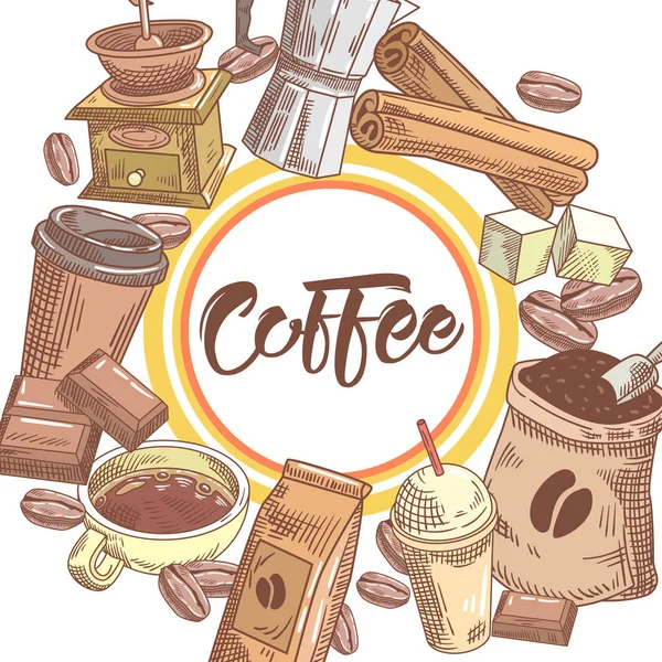 Design desenhado à mão de café com grãos de café, açúcar e canela. Comida e bebida. Ilustração vetorial — Vetor de Stock