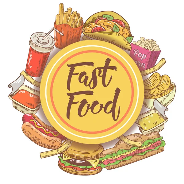 Fast Food ręcznie rysowane konstrukcja Sandwich, Burger, frytki i napój. Niezdrowe jedzenie. Ilustracja wektorowa — Wektor stockowy