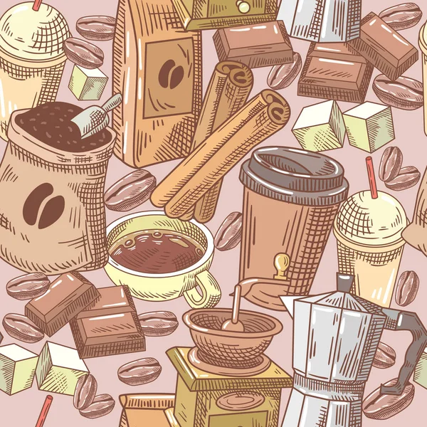 Кофе Ручная рисовать бесшовный фон с фасолью, сахаром и шоколадом. Еда и напитки. Векторный шаблон — стоковый вектор