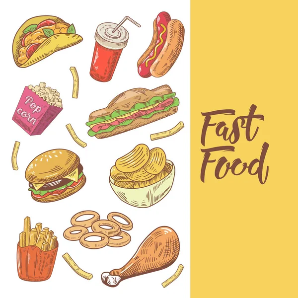 Fast Food Doodle desenhado à mão com hambúrguer, batatas fritas e milho pop. Comer insalubre. Ilustração vetorial — Vetor de Stock