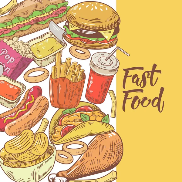 Diseño dibujado a mano de comida rápida con hamburguesa, papas fritas y sándwich. Comer insalubre. Ilustración vectorial — Vector de stock