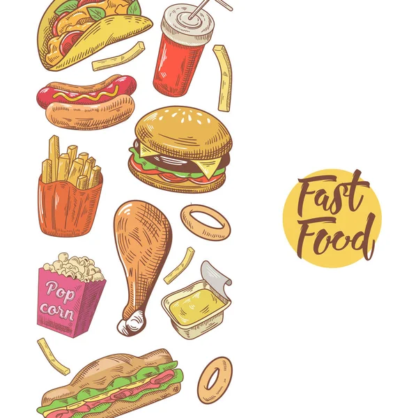 Diseño de menú dibujado a mano de comida rápida con hamburguesa, papas fritas y sándwich. Comer insalubre. Ilustración vectorial — Vector de stock