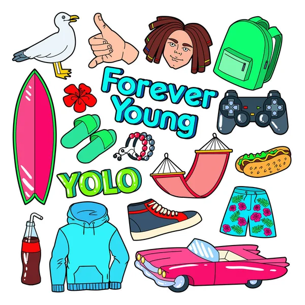 stock vector Teenager Lifestyle Doodle with Surf, Pink Car and Fast Food. Vector illustration