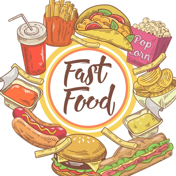 Fast Food Design dessiné à la main avec sandwich, frites et hamburger. Manger malsain. Illustration vectorielle — Image vectorielle