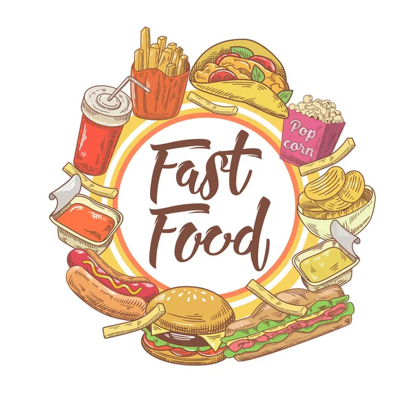 ファーストフードの手には、サンドイッチ、フライド ポテトとソーダのデザインが描かれました。不健康な食事。ベクトル図 — ストックベクタ