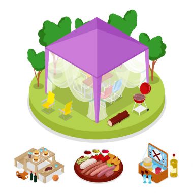 İzometrik Barbekü piknik parti çadırda. Yaz tatil kampı. Izgara et. Vektör düz 3d çizim