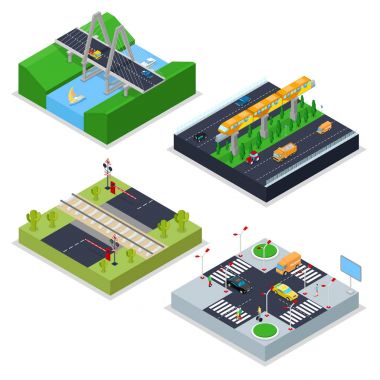 Demiryolu, kavşak, arabalar ve köprü ile izometrik kentsel yollar. Şehir trafiği. Vektör düz 3d çizim