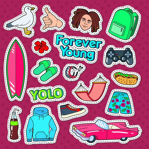 Adolescente stile di vita Doodle con Surf, auto rosa e Fast Food fot Adesivi, patch e distintivi. Illustrazione vettoriale — Vettoriale Stock