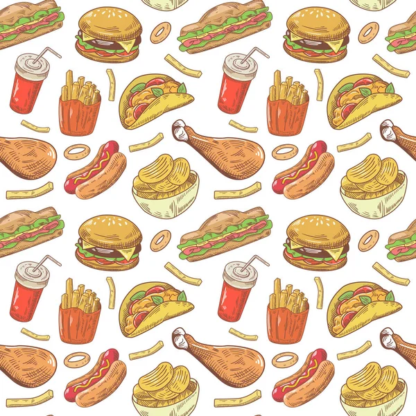 Fast Food Hand Drawn Seamless Pattern with Burger, Drink and Fries. Vector background
