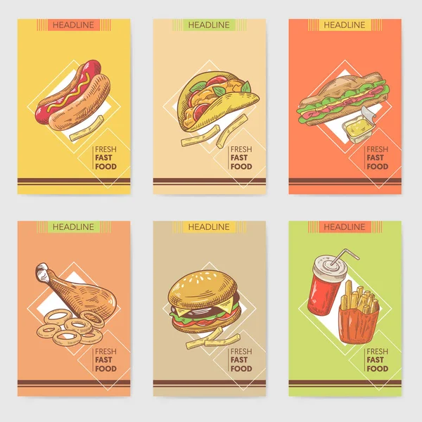 Färsk snabbmat Hand dragna kort broschyr meny med hamburgare, smörgås och varmkorv. Mat och dryck. Vektorillustration — Stock vektor