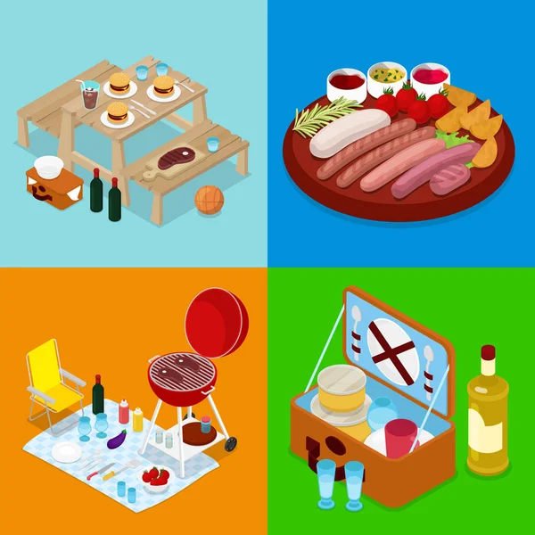 Isometrisk Bbq picknick mat. Summer Holiday Camp. Grillat kött, vin och grönsaker. Vector platt 3d illustration — Stock vektor