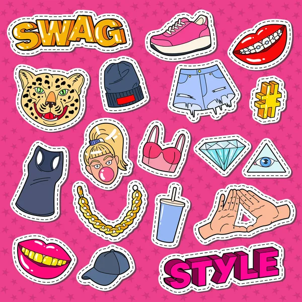 Doodle de moda adolescente estilo Swag com lábios, mãos e acessórios para adesivos, remendos e emblemas. Ilustração vetorial —  Vetores de Stock