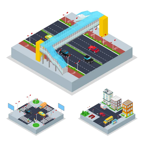 Isometric Urban Road with Crosswalk and Buildings. Circulation urbaine. Illustration 3D vectorielle plate — Image vectorielle